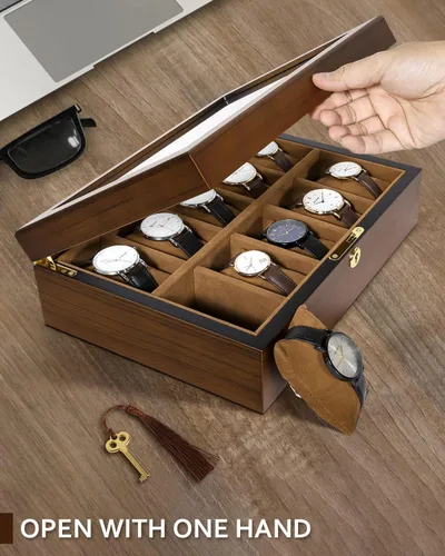 Vista 2 de Uten Caja de reloj con 10 ranuras, organizador de caja de reloj con cerradura dorada y llave, caja de almacenamiento de madera con cojines de reloj