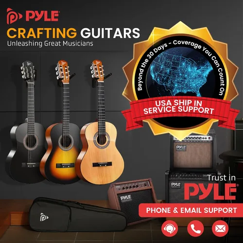 Vista 7 de Pyle Beginner Acoustic Guitar Kit, 4/4 Full Size All Wood Instrument with Full Accessory Kit, Picks, Shoulder Strap, Carry Case, Cleaning Cloth