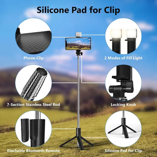 Vista 7 de Selfie Stick, trípode retráctil de 40 pulgadas para teléfono con control remoto inalámbrico y luz, trípode portátil para selfie stick