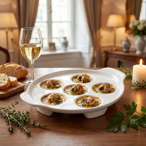 Vista 7 de Okllen Paquete de 4 platos Escargot de cerámica con 6 agujeros y asas, plato de caracol de mariscos de 6.5 pulgadas, platos con pies, platos blancos