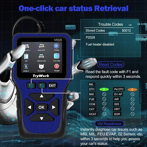 Vista 3 de Escáner de Diagnóstico OBD2, Lector de Códigos del Motor con Búsqueda de 35901 DTC, Modo 6 y 8, Preparación I/M para Todos los Autos OBDII desde
