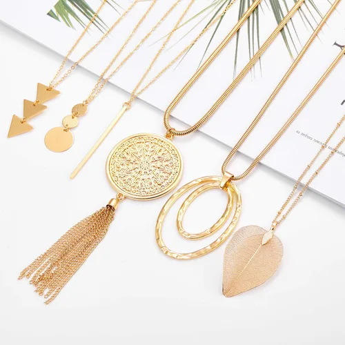 Vista 6 de Fesciory - Juego de 6 collares largos con dije para mujer, diseño de círculo, hoja, triángulo, borla y collar para niñas