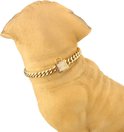 Vista 6 de Collar de cadena para perro, collar de cadena cubana resistente de 0.47 pulgadas, acero inoxidable 316L plata/oro, collar de entrenamiento de perro