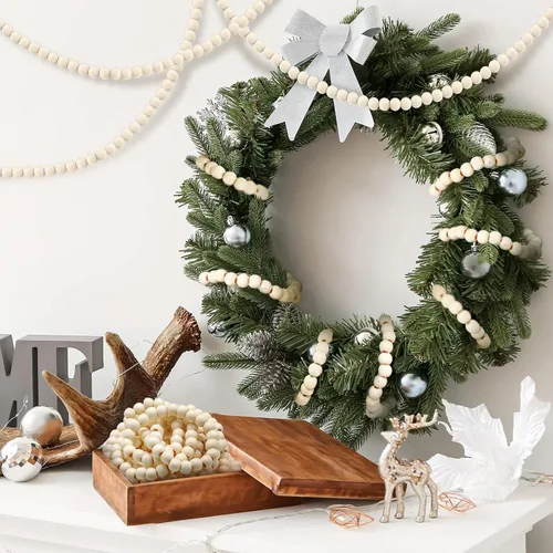 Vista 3 de WILLBOND Guirnalda de cuentas de madera de Navidad de 3 piezas de 29.5 pies, guirnalda redonda para decoración navideña (beige)