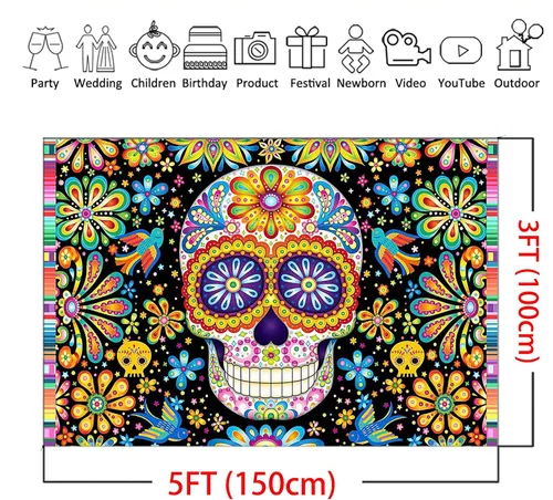 Vista 4 de Mocsicka Telón de fondo del Día de los Muertos, decoración mexicana de calavera y flores de calavera, cumpleaños, baby shower, fiesta, fotografía