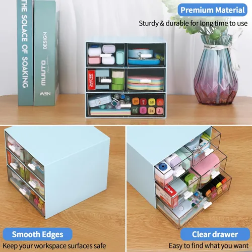 Vista 7 de Organizador de escritorio con 5 cajones, suministros de papelería de oficina rectangulares, cajones de escritorio, almacenamiento de maquillaje