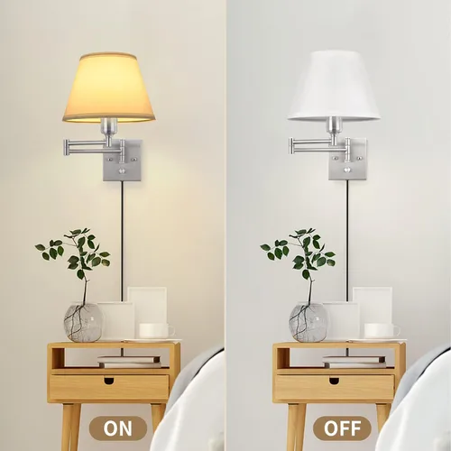 Vista 5 de TRLIFE Aplique de pared enchufable, juego de 2 lámparas de pared regulables con brazo oscilante de níquel cepillado, cable de enchufe y interruptor
