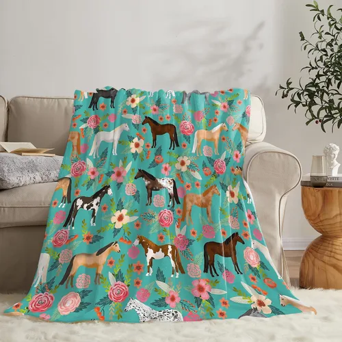 Vista 2 de Manta con estampado de caballos, con patrón de caballos y flores, para niñas, niños y adultos, súper cálida, suave y acogedora, manta de franela