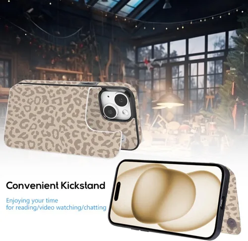 Vista 5 de Funda compatible con iPhone 14/15 con tarjetero y ranuras integradas de piel sintética con función atril y a prueba de golpes para iPhone 14/15