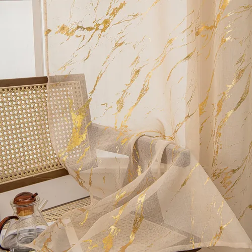 Vista 7 de Cortinas Transparentes Beige con Estampado de Lámina de Mármol Dorado de 63 Pulgadas de Largo para Cuarto de Bebé, Paneles de Ventana con Bolsillo