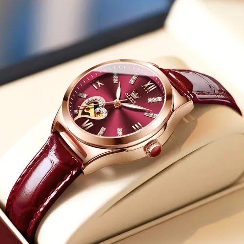 Vista 2 de OLEVS Reloj mecánico automático para mujer, correa de cuero, cuerda automática, reloj de pulsera para mujer, esfera de corazón de diamante