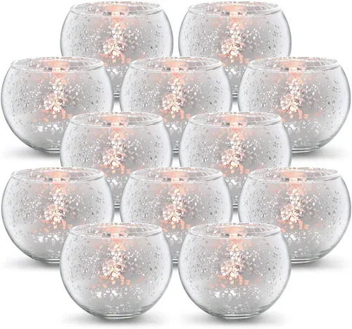 Vista 17 de Volens - Portavelas votivas redondas azules, juego de 12, decoraciones de mesa para centro de mesa de boda azul, portavelas de vidrio de mercurio