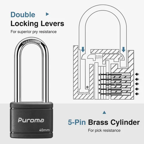 Vista 5 de Puroma Paquete de 2 Candados con Llave de 3 Claves, Cerradura de 2.5 Pulgadas (63.5mm) de Alta Resistencia para Puerta, Valla, Cerrojo de Armario