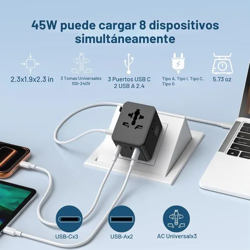 Vista 5 de Adaptador de viaje universal, convertidor de enchufe de alimentación internacional con cargador PD de 45 W, soporte de 2500 W, adaptador de CA todo