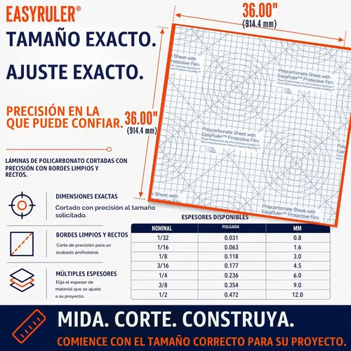 Vista 2 de Lámina de plástico transparente de policarbonato de 36 x 36 x 0.0625 pulgadas (1/16 pulgadas), exacta con película EasyRuler, resistente a