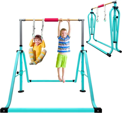 Vista 8 de GLANT Barra de gimnasia para niños con juego de anillos, 7 alturas ajustables, fácil de plegar, barra de entrenamiento de gimnasia para niños