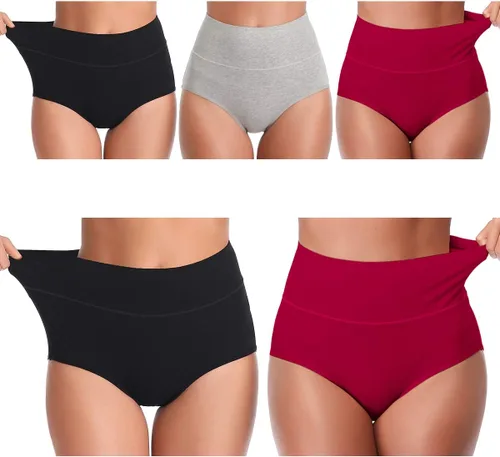 Vista 7 de UMMISS - Ropa interior de algodón de cintura alta para mujer, cobertura completa, suave, cómoda, multipack de braguitas Negro-gris-total