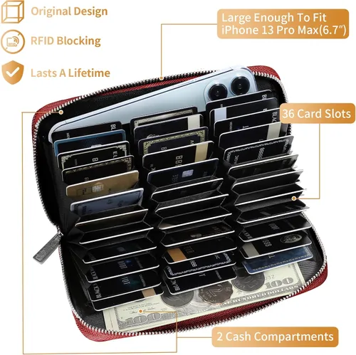 Vista 2 de Bistup Cartera larga para tarjetas de crédito para mujeres y mujeres de cuero genuino Rfid rojo grande con cremallera en efectivo para mujeres