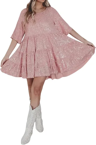 Vista 3 de Vestido de lentejuelas brillantes para mujer, cuello redondo, manga corta, color sólido, suelto, con purpurina, vestido de muñeca de bebé, fiesta