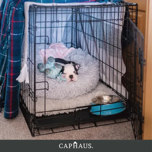 Vista 9 de CAPHAUS Perrera plegable de alambre de metal para perros con bandeja a prueba de fugas y patas protectoras y panel divisor, puerta individual