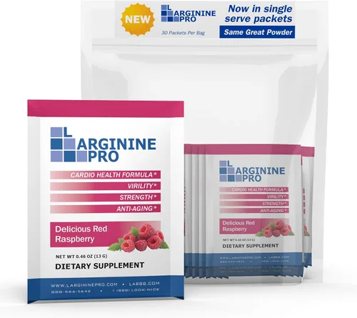 Vista 2 de L-ARGININE PRO Suplemento en polvo 30 paquetes de una sola porción tamaño de viaje 5,500 mg de L-arginina más 1,100 mg de L-citrulina, frambuesa