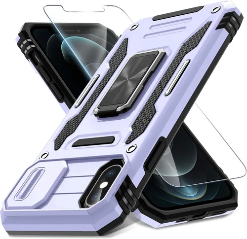 Vista 346 de DEERLAMN Funda para iPhone Xs Max con funda deslizante para cámara + protector de pantalla, soporte giratorio de anillo de grado militar a prueba
