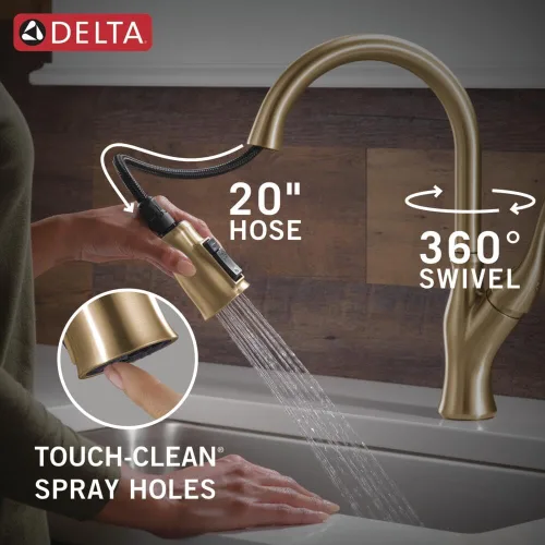 Vista 8 de DELTA Ophelia - Grifo de cocina de oro cepillado con pulverizador extraíble, grifo de fregadero de cocina de un solo agujero moderno, una sola