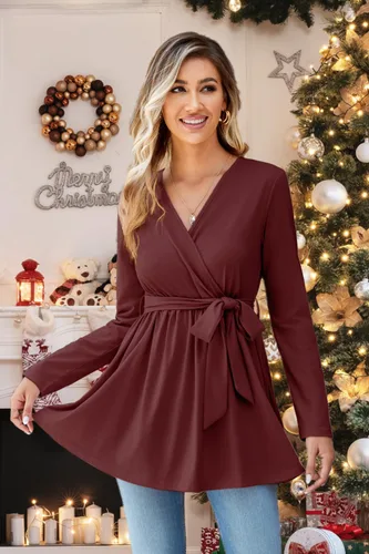 Vista 2 de OUGES Túnicas de maternidad para mujer, camisas de manga larga, cuello en V, ropa de maternidad de enfermería, blusa casual de embarazo