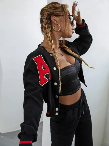 Vista 3 de Verdusa Chaqueta bomber de manga larga con estampado de letras para mujer