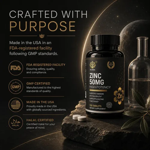 Vista 7 de Zinc 50mg – Apoyo inmunológico de alta potencia – Tabletas con certificación Halal – 100 unidades – Sin OGM – Apoya la salud de la piel, el cabello