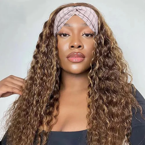 Vista 31 de Peluca de cabello humano con diadema de ondas profundas, sin pegamento, pelucas de cabello rizado sin encaje frontal, pelucas de cabello humano