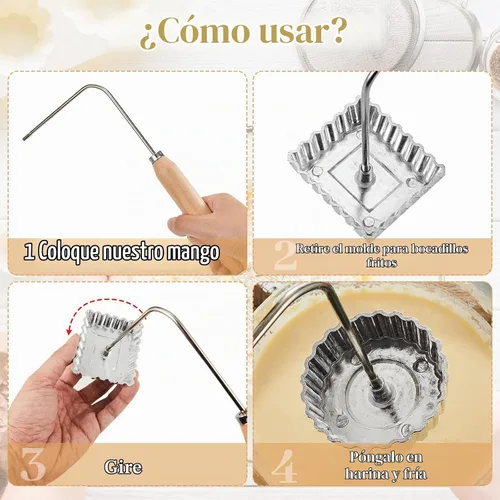 Vista 4 de Tessco - 12 moldes de hierro de roseta, molde Achappam Bunuelos de 6 formas con asa, máquina de rosetas de hierro de aluminio y asas de madera