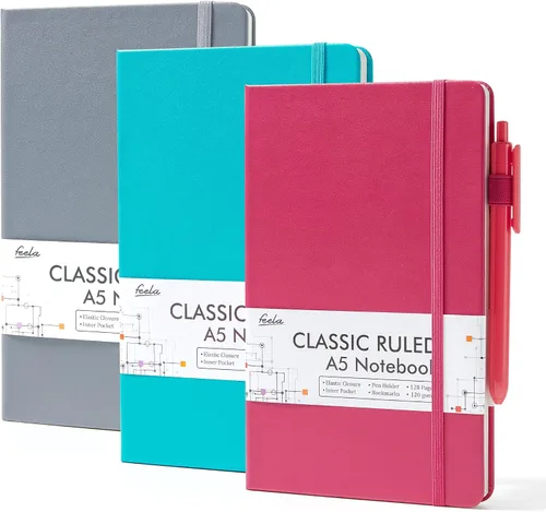 Vista 24 de feela Paquete de 3 Cuadernos Diarios a Granel, Cuaderno de Tapa Dura Clásico con Rayas Rayado Diarios con Soporte para Bolígrafo para Mujeres Niñas