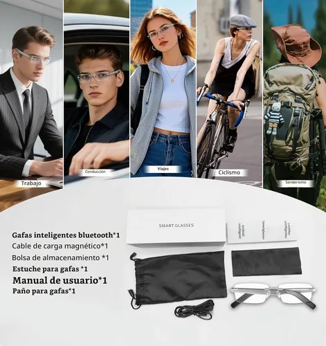 Vista 8 de Lentes inteligentes, lentes fotocromáticos Bluetooth sin montura con altavoz y micrófono de sonido HD de oreja abierta, protección UV400, control