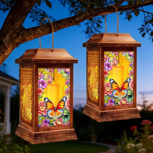 Vista 9 de Linternas solares de mariposa al aire libre impermeables, luces colgantes de metal y vidrio para decoración de jardín, regalos de cumpleaños