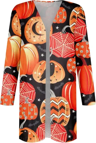 Vista 4 de ZEFOTIM Cárdigans de Halloween para mujer, con estampado de murciélago y calabaza, frente abierto, ligero, lindas y divertidas camisas