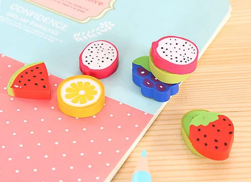 Vista 5 de 60 unids goma borrador lindo frutas estilo lápiz borrador para suministros de estudio