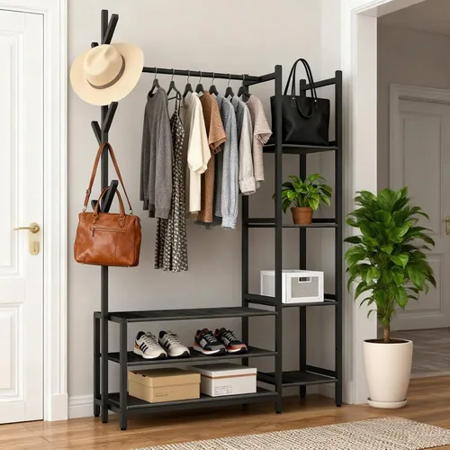 Vista 7 de Organizador de armario independiente 4 en 1 con perchero y zapatero y 5 estantes laterales, perchero de madera resistente para colgar ropa, armario