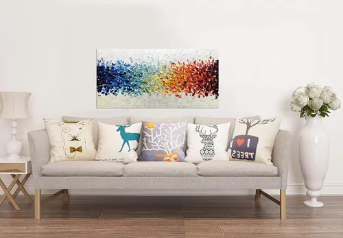 Vista 6 de AMEI Arte, 24 x 48 pulgadas, pintado a mano sobre lienzo, fondo blanco colorido, pinturas al óleo abstractas, arte de pared multicolor, madera