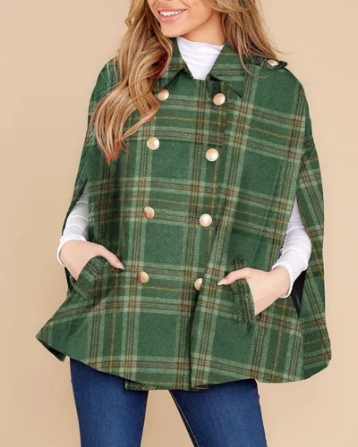 Vista 3 de Chaqueta a cuadros para mujer, abrigo de invierno con doble botonadura, poncho con bolsillos