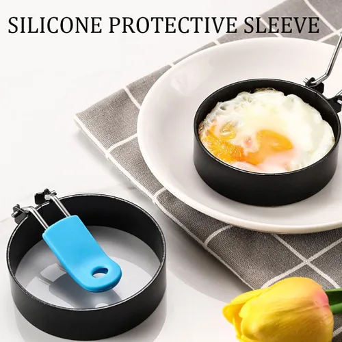 Vista 3 de Juego de 2 anillos de huevo de 3.3 pulgadas de acero inoxidable antiadherente con mango de silicona, molde redondo para panqueques de huevo, molde