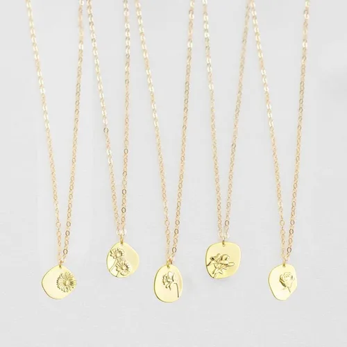 Vista 6 de Collar con dije de moneda ovalada con flor de 12 meses de nacimiento, collar de oro real de 14 quilates, delicada, regalo personalizado