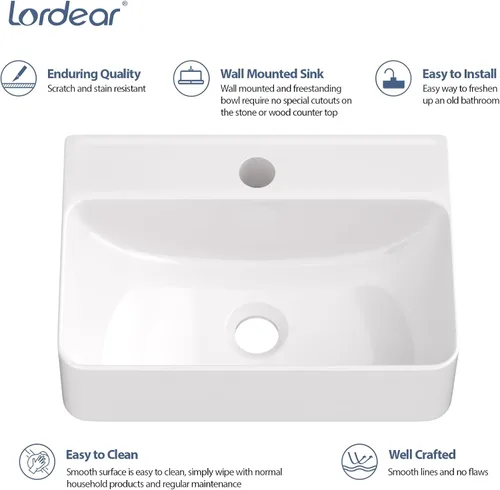 Vista 4 de Lordear Fregadero pequeño montado en la pared, fregadero de baño de esquina flotante para colgar en la pared, lavabo de cerámica blanca brillante