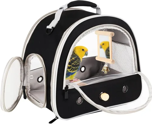 Vista 7 de Jaula portátil de viaje para loros con juguete pequeño oscilante y jaula de juguetes coloridos, bolsa de periquito para pájaros pequeños con bolsa