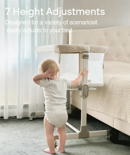 Vista 4 de Fodoss Cuna para Bebé al Lado de la Cama - Cuna con Malla Completa al Lado de la Cama con Ruedas, Cuna para Bebé Ajustable en 7 Alturas