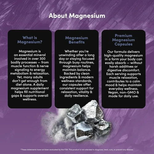 Vista 6 de Magnesio 350 mg - Suplemento natural de bisglicinato de magnesio de alta absorción - Píldoras Mag para mujeres y hombres - Vegano, sin gluten, sin