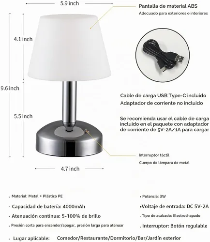 Vista 5 de KDG Lámparas de mesa pequeñas modernas inalámbricas, lámpara de escritorio LED regulable impermeable portátil para exteriores y ducha, luz con Plata