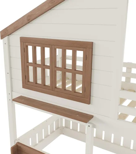 Vista 8 de Harper & Bright Designs - Litera de tamaño individual sobre individual con ventana y techo, literas bajas de madera maciza con estantería, escalera