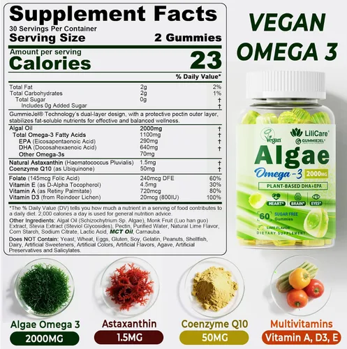 Vista 2 de Gomitas Omega 3 de 2200 mg de aceite de algas (DHA 640 mg y EPA 290 mg) para mujeres y hombres, alternativa de aceite de pescado vegano Omega 3