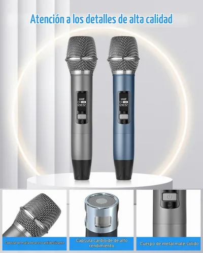Vista 3 de Micrófonos Inalámbricos UHF Recargables, Dos Micrófonos de Mano de Metal con Receptor de 1/4", Plug-and-Play para Altavoz y Sistema PA, Karaoke